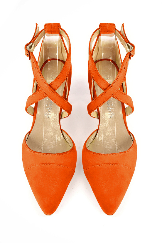 Clementine orange women's open side shoes, with crossed straps. Tapered toe. High slim heel. Top view - Florence KOOIJMAN